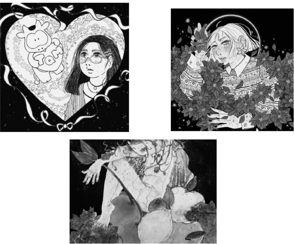 Ilustraciones de Amaya Giner de dos mujeres místicas a una sola tinta