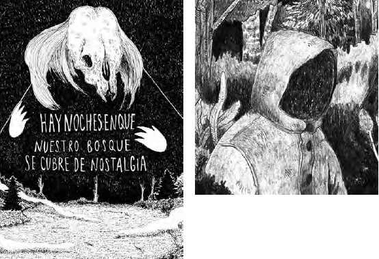 Ilustraciones de Alicia Sandoval de collages: un globo aerostático musical; retratos simbólicos de hombres y mapamundi de parches de colores representando sentimientos